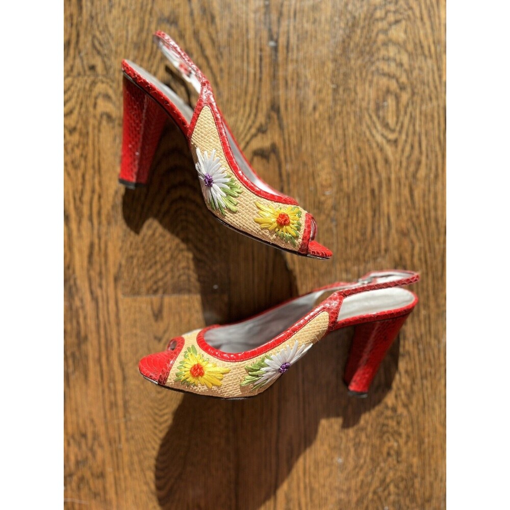Vintage D&G Dolce&Gabbana Red leather+straw flower slingback peeptoe sandals